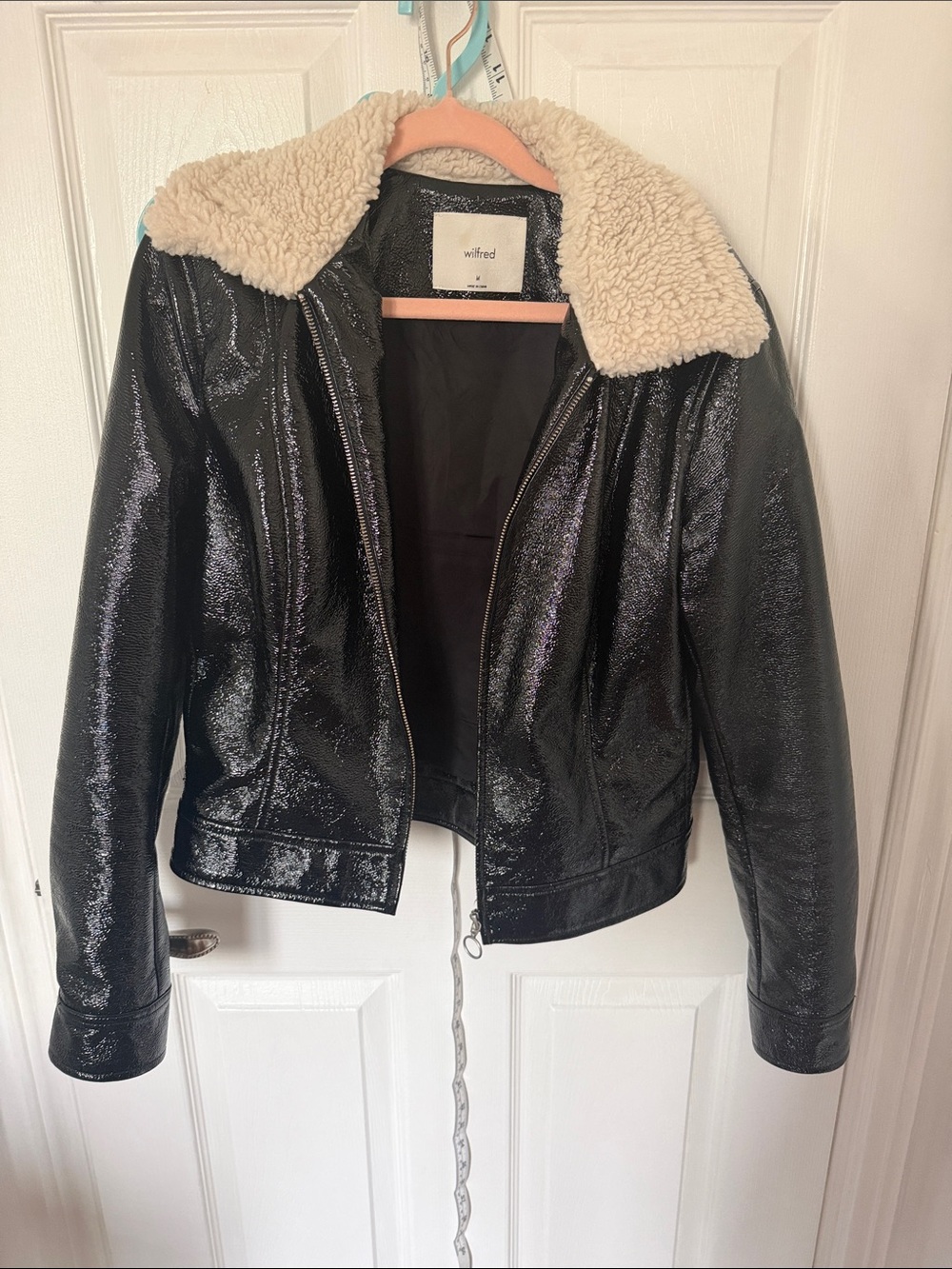 Wilfred Black Faux-Leather Jacket with Cream Sherpa Collar